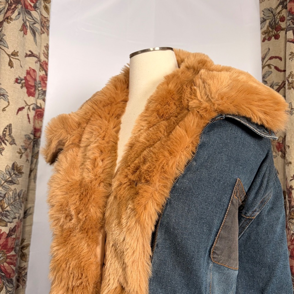 Faded Glory Blue Denim Coat with tan Faux Fur Trim and Boho Floral Embroidery - Picture 3 of 13